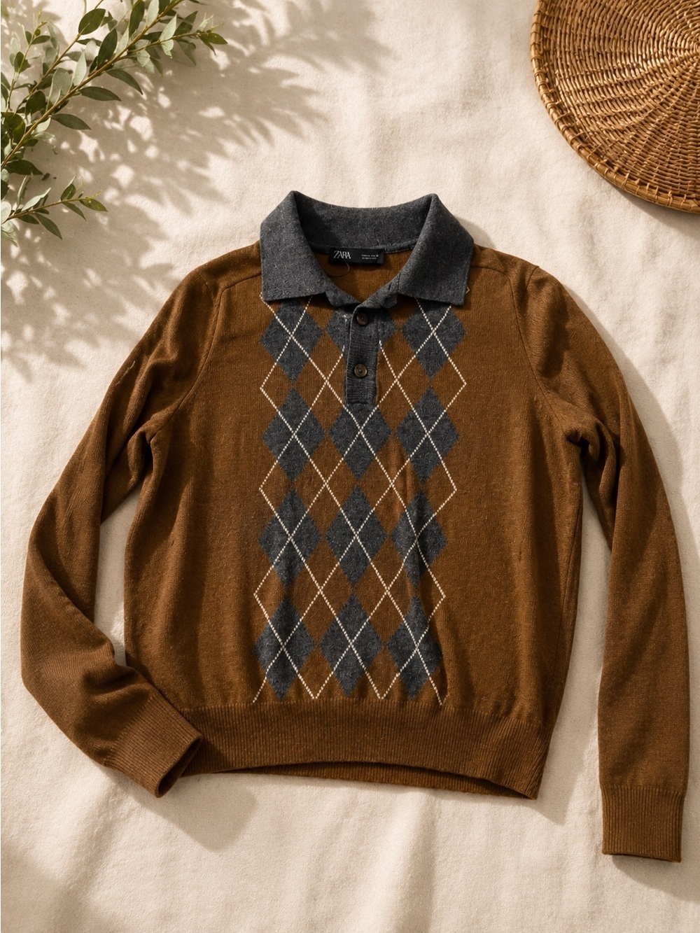 Zara Tan Brown V-Neck Argyle Polo Sweater with Gray Collar
